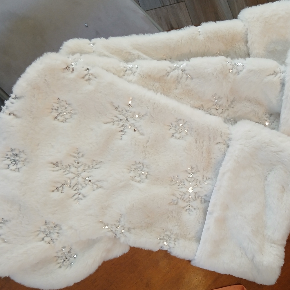 3 White Faux Fur Christmas Stockings  with Silver Snowflake Embellishments